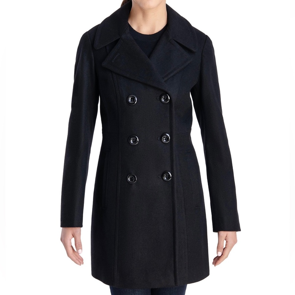 Anne Klein Women's Petite Notched-Collar Double-Breasted Peacoat